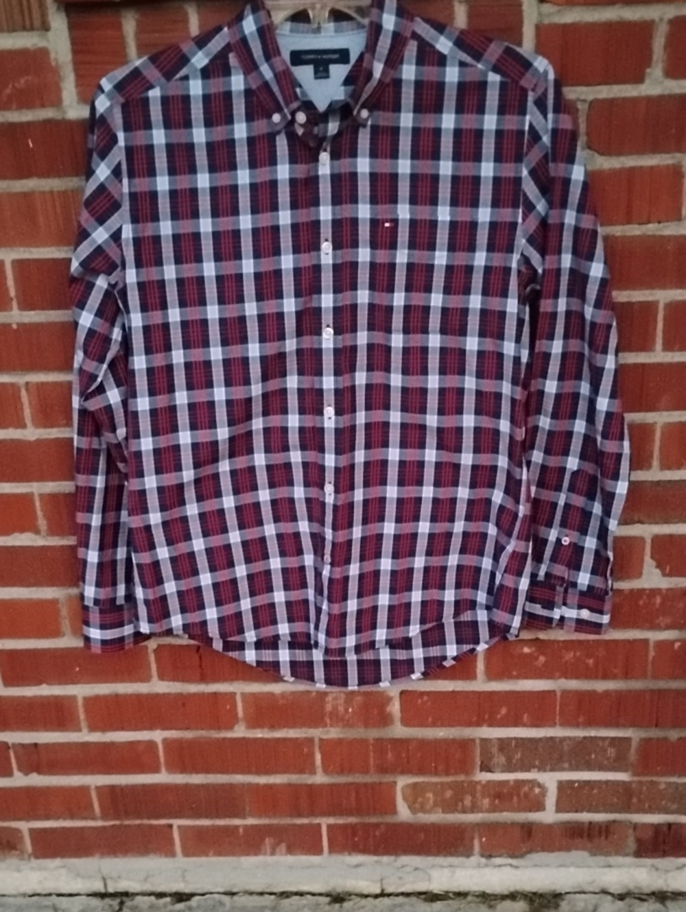 Tommy Hilfiger Men’s Red and Navy Plaid Button-Down Shirt